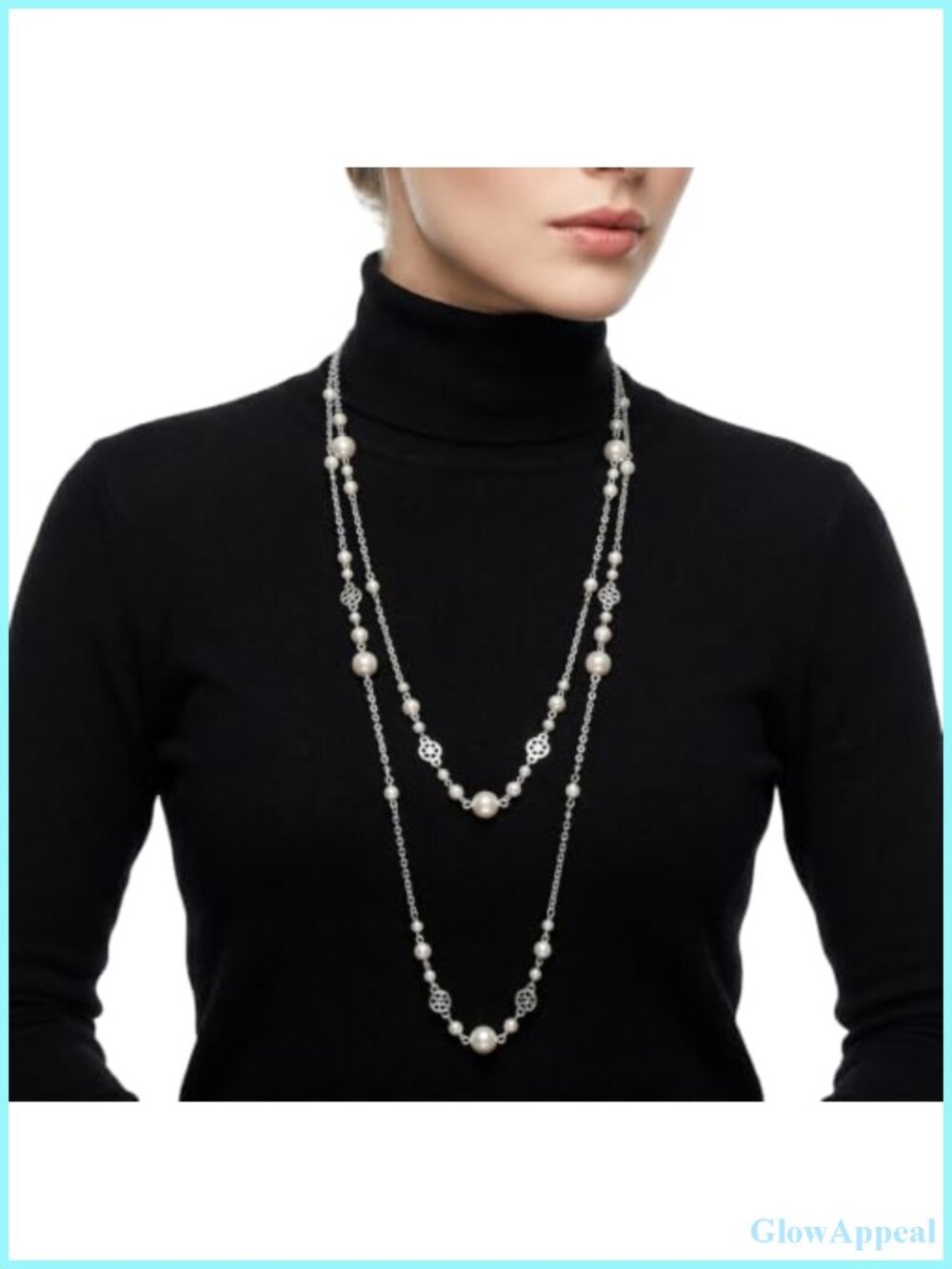 Long Layered Pearl Necklace Silver Chain Statement Jewelry for Women